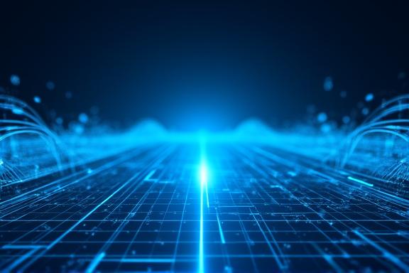 A conceptual image of futuristic predictive forecasting showing glowing trend lines