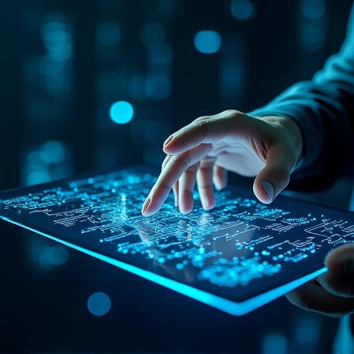 A transparent holographic interface showing a decision tree