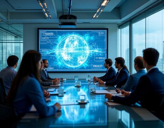 Professional team reviewing complex AI data charts in a futuristic office