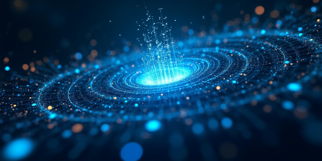 Abstract visualization of data flowing into a glowing intelligence core