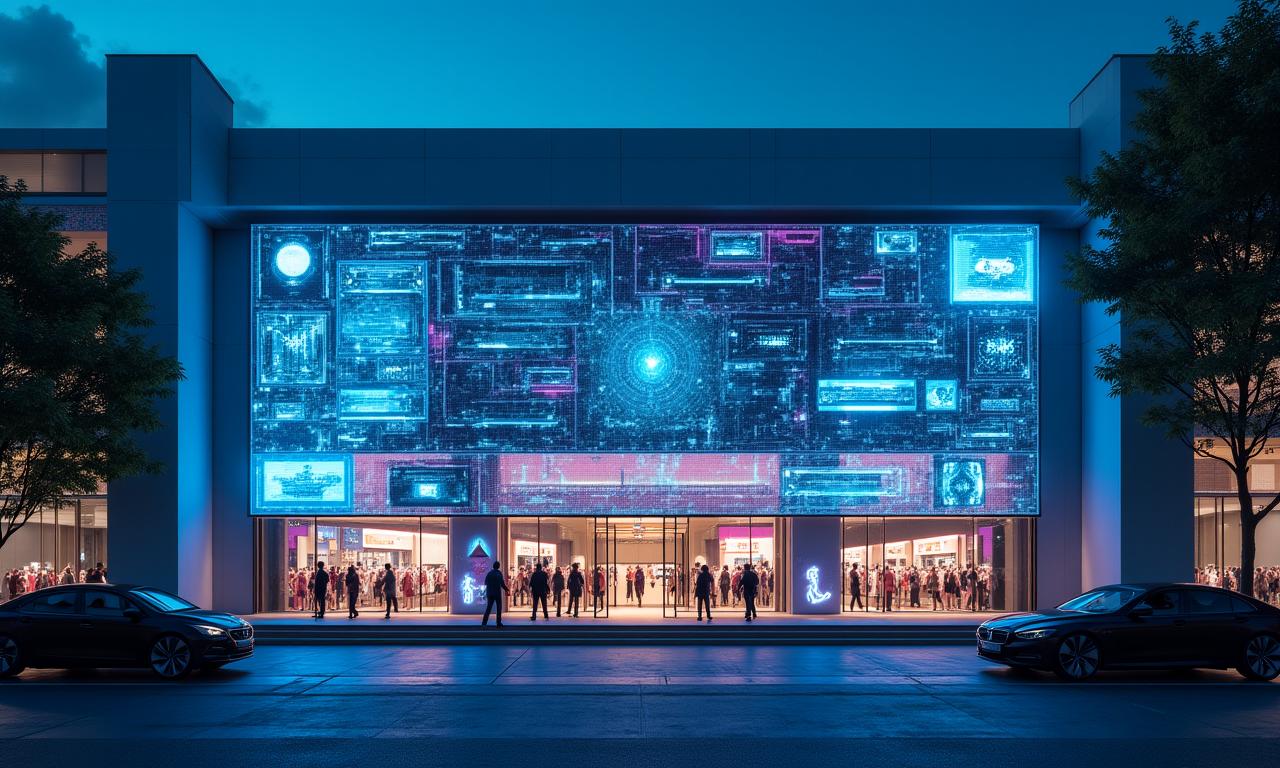 Futuristic retail visualization showing data overlays over a modern storefront